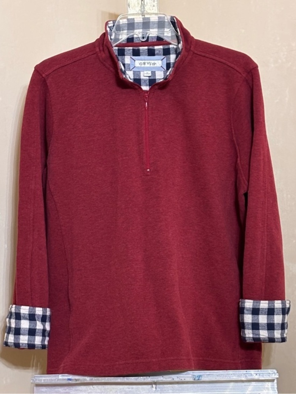 Orvis Men's Burgundy Quarter-Zip Pullover with Plaid Trim